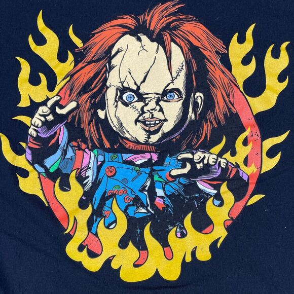 Chucky Graphic T-Shirt Mens Large Black Spellout Childs Play Chucky in Flames - Picture 2 of 8
